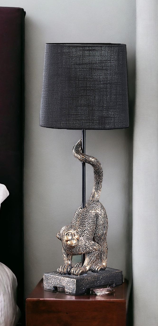 24" Antiqued Gold Monkey Table Lamp With Black Drum Shade