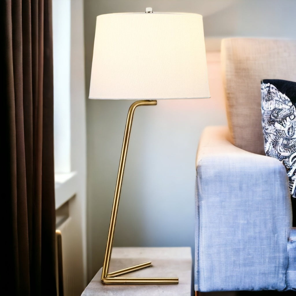 28" Gold Metal Table Lamp With White Drum Shade 