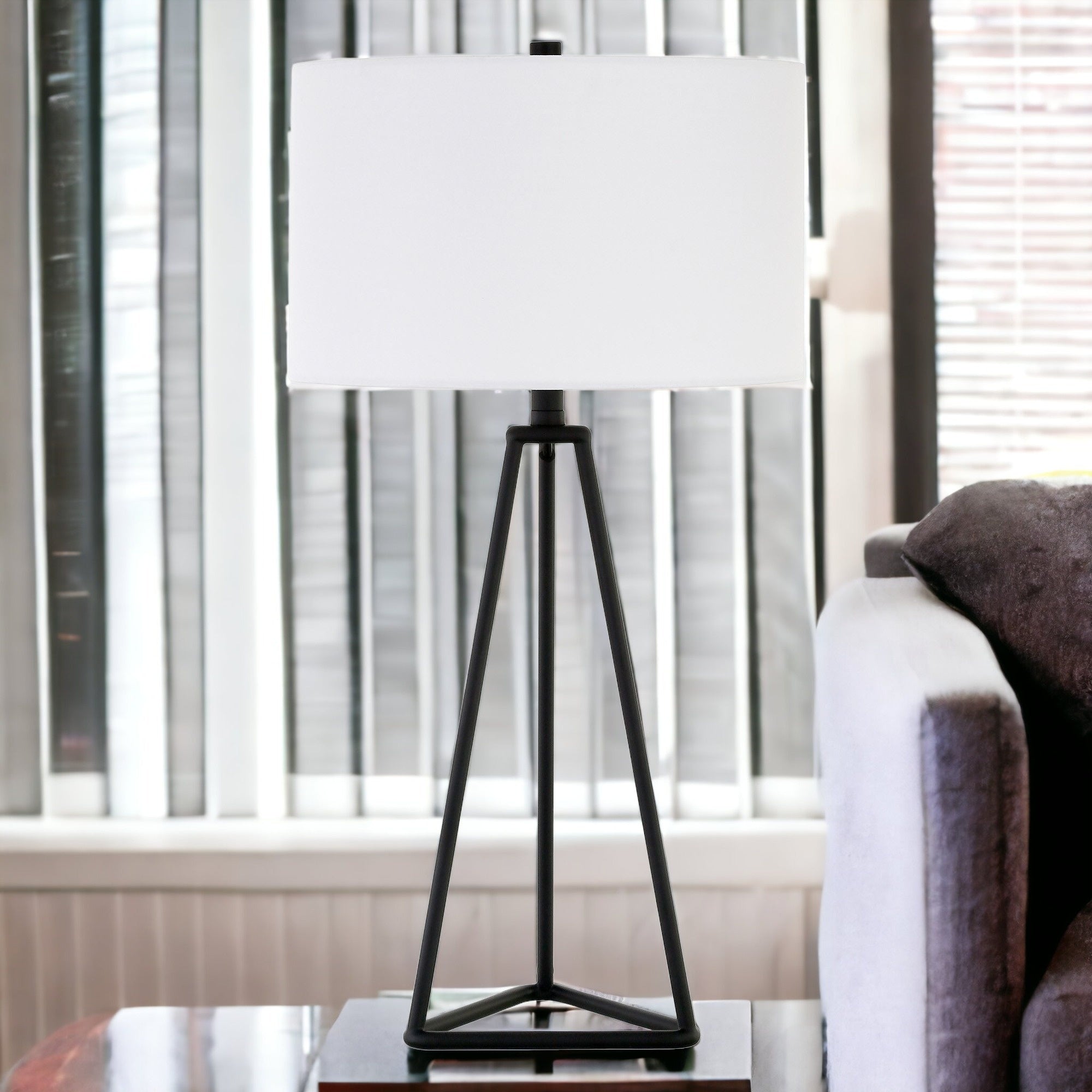 26" Black Metal Table Lamp With White Drum Shade 