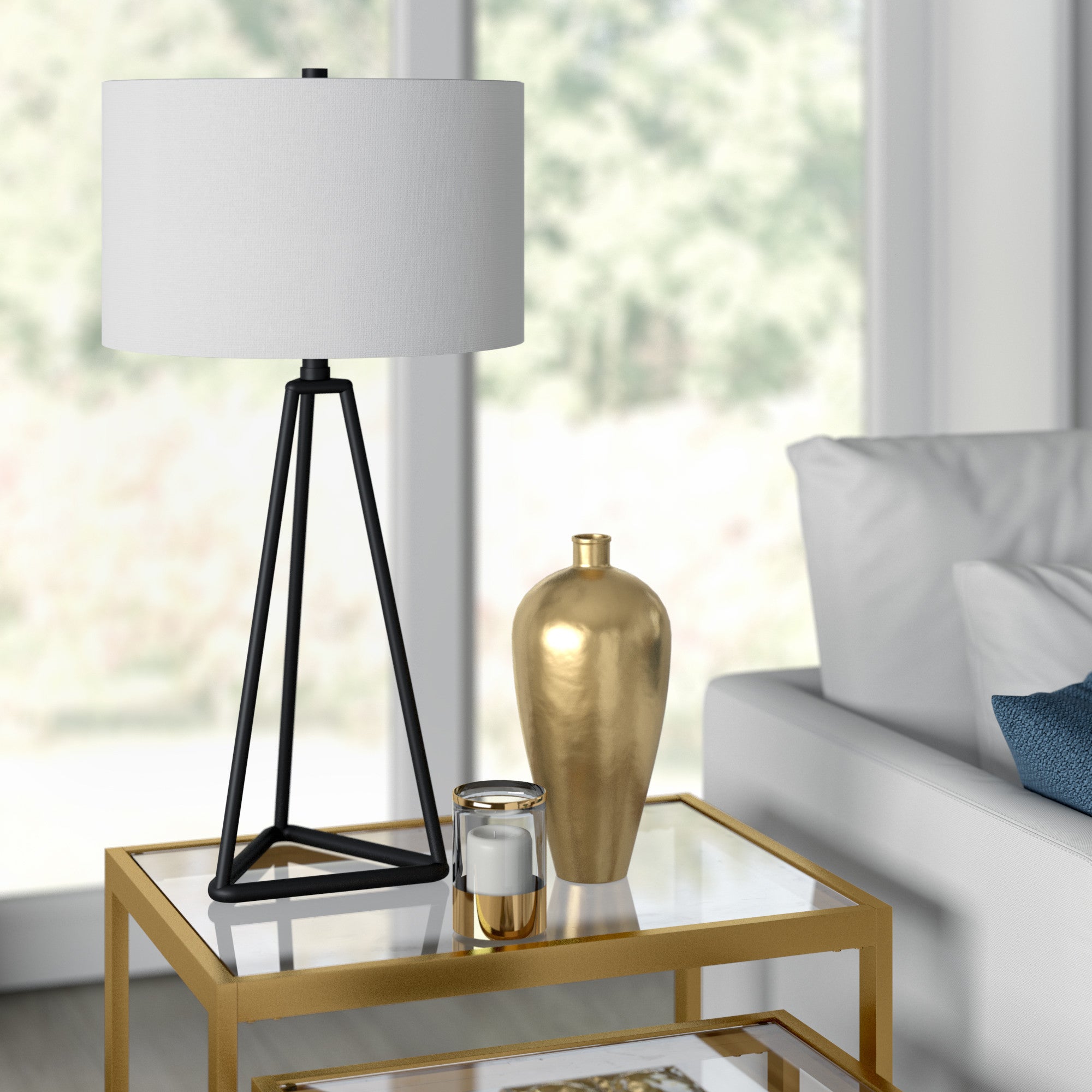 26" Black Metal Table Lamp With White Drum Shade 