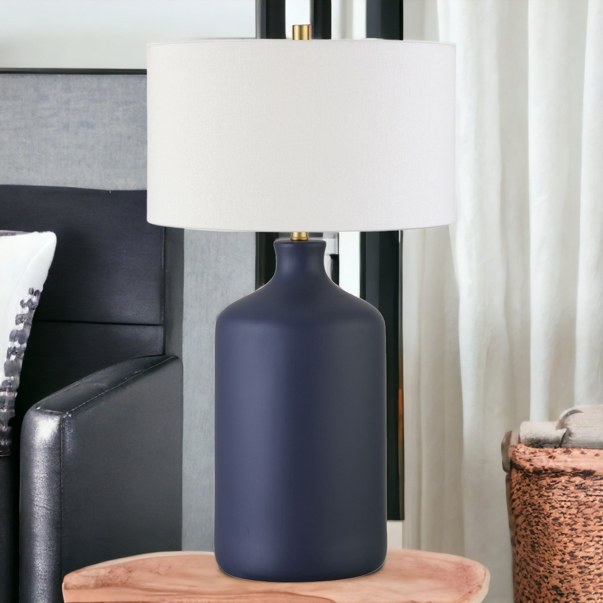 29" Navy Blue Ceramic Table Lamp With White Drum Shade 