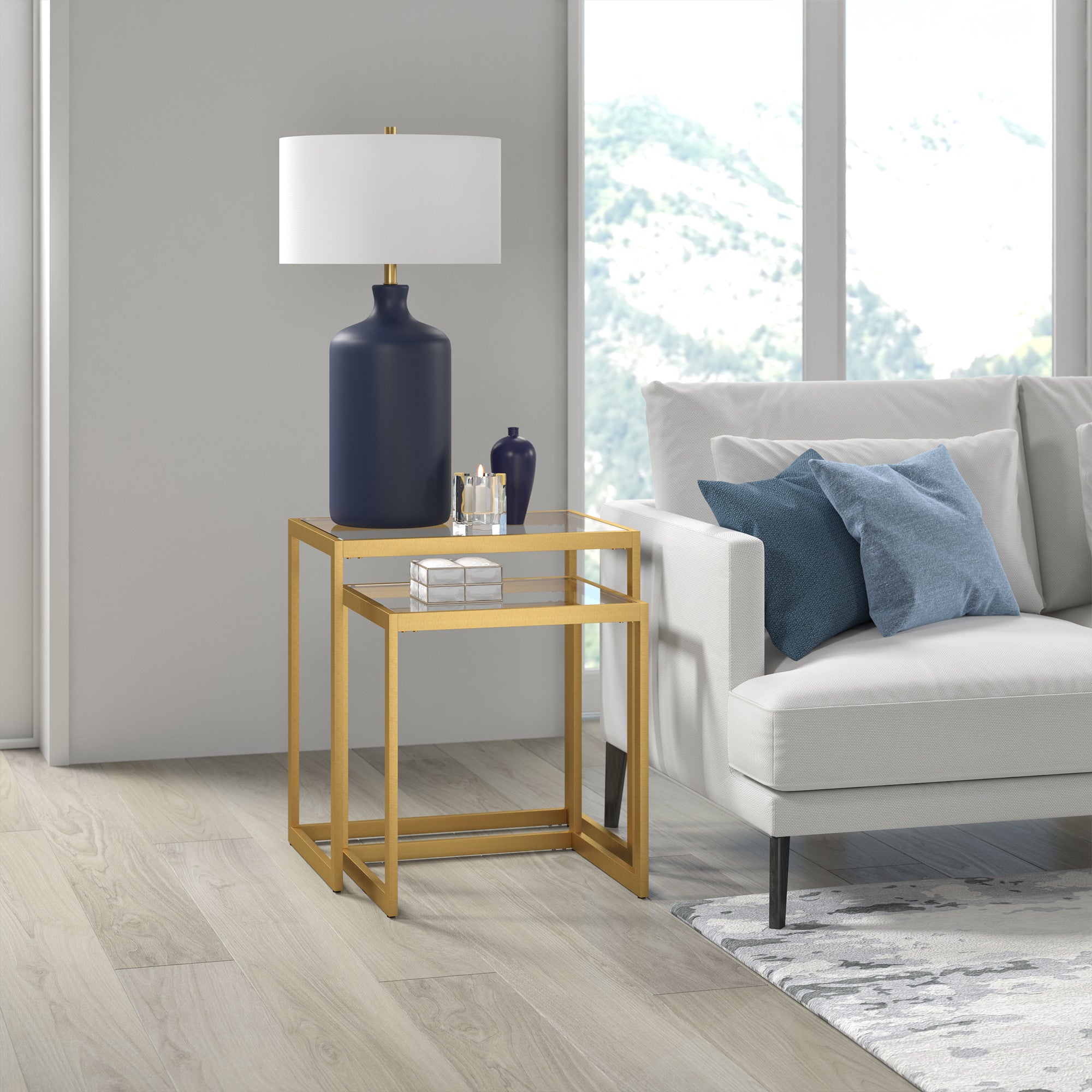 29" Navy Blue Ceramic Table Lamp With White Drum Shade 