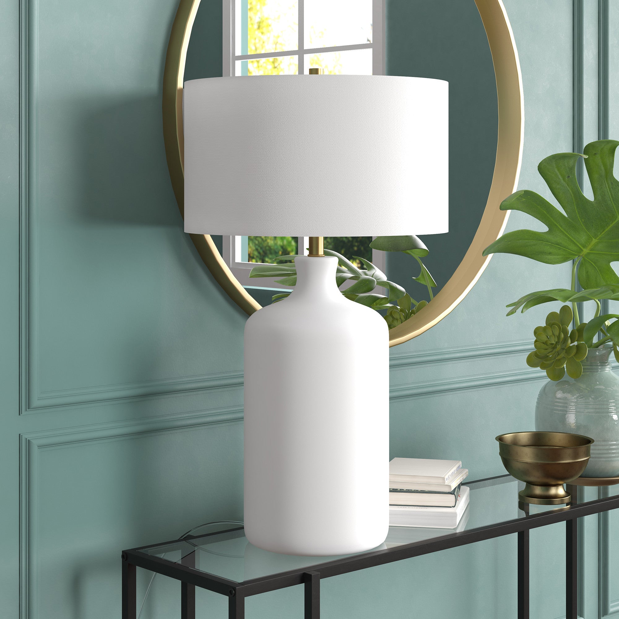 29" White Ceramic Table Lamp With White Drum Shade 