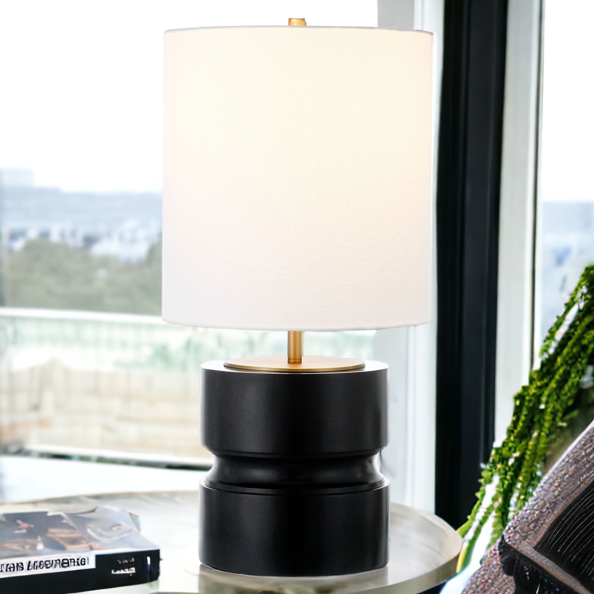 27" Black Metal Table Lamp With White Drum Shade 