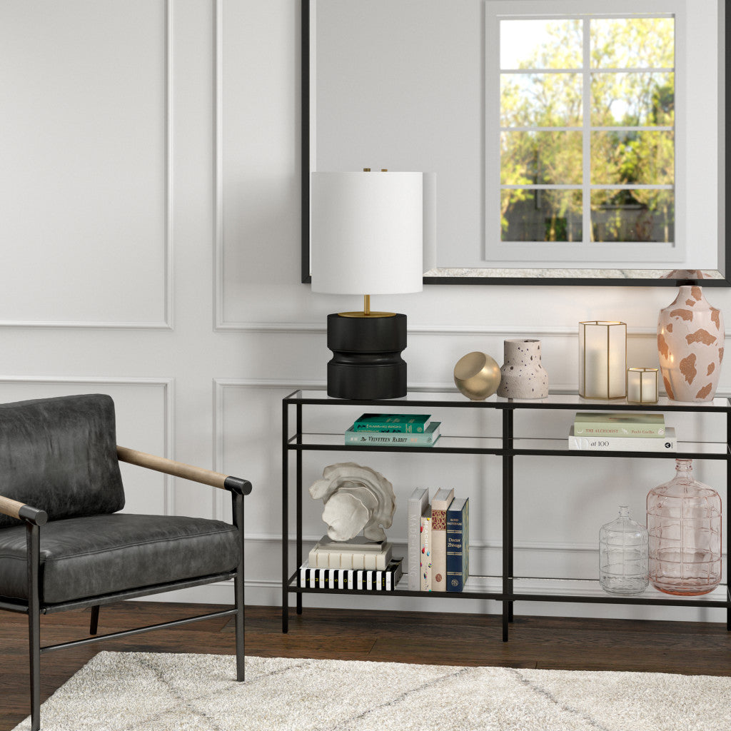 27" Black Metal Table Lamp With White Drum Shade 