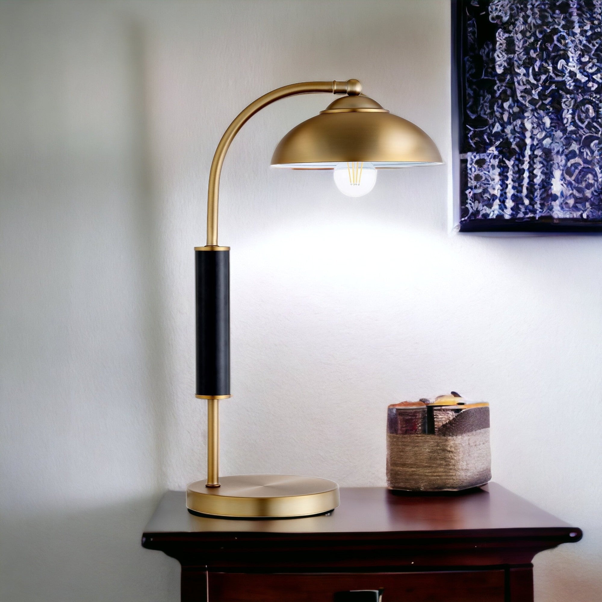 24" Gold and Black Metal Desk Table Lamp With Gold Dome Shade 