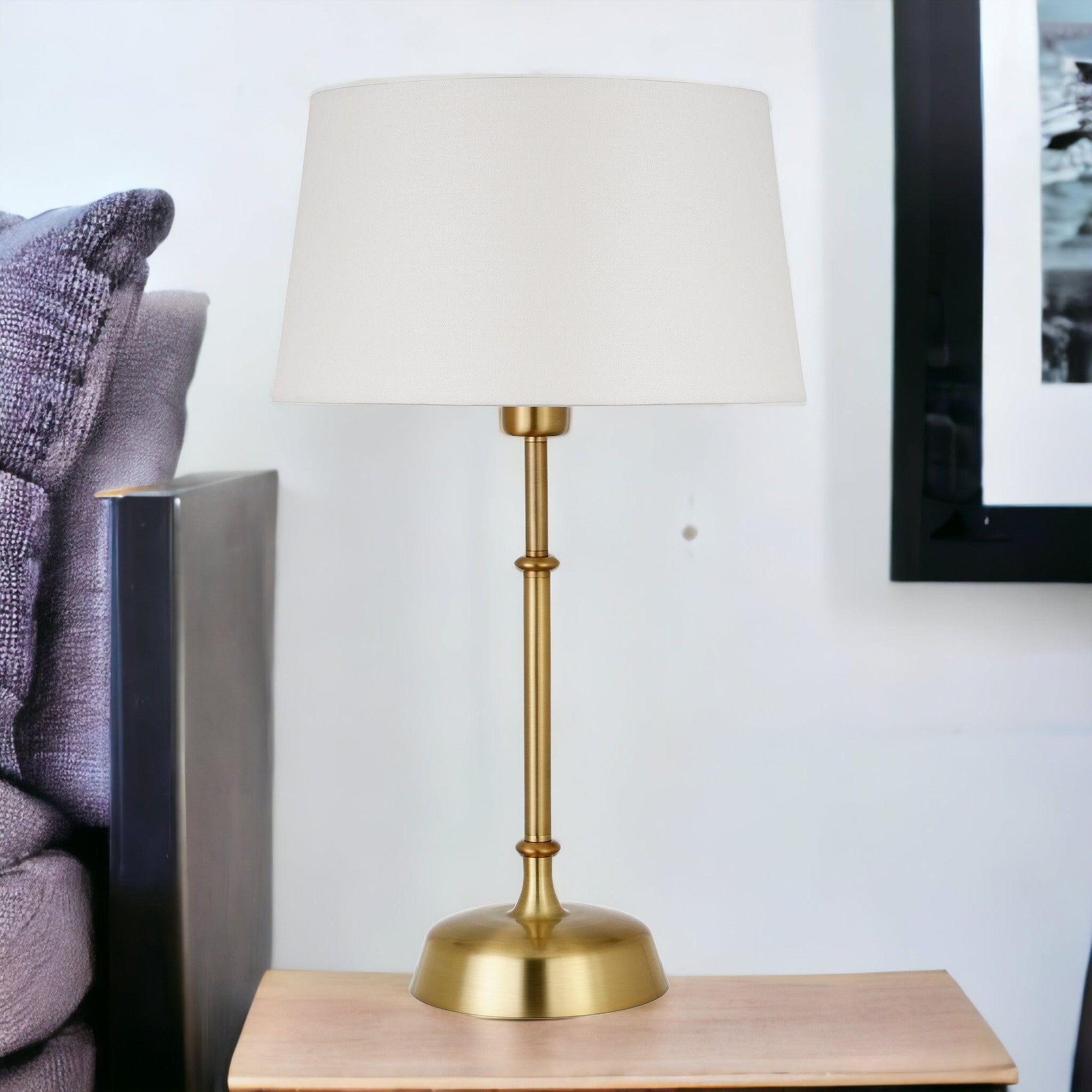 24" Gold Metal Table Lamp With White Drum Shade 