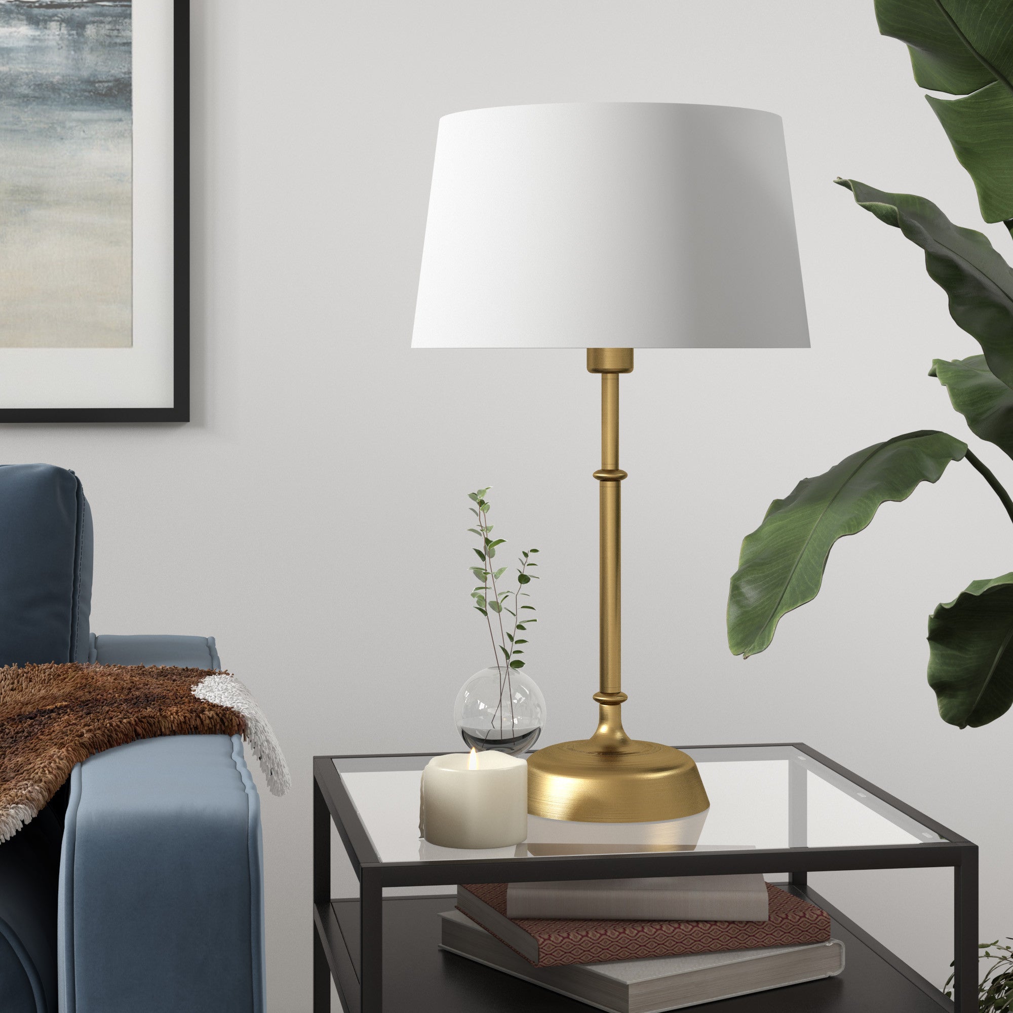 24" Gold Metal Table Lamp With White Drum Shade 