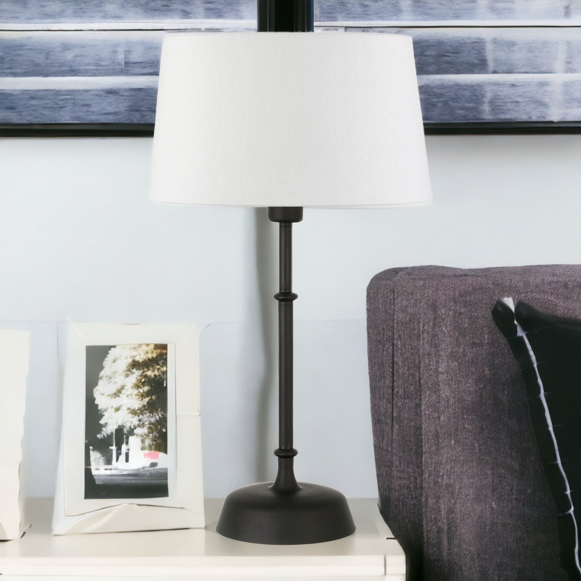 24" Black Metal Table Lamp With White Drum Shade 