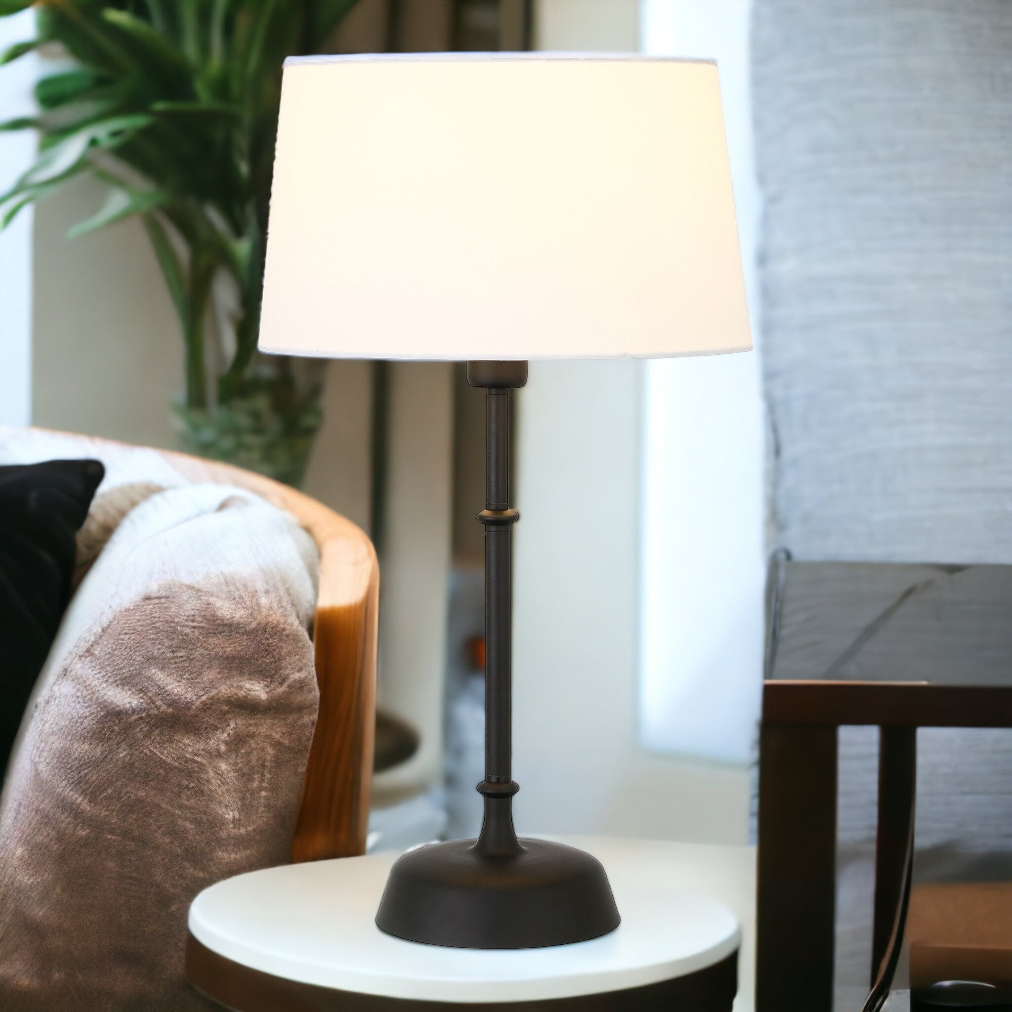 24" Black Metal Table Lamp With White Drum Shade 