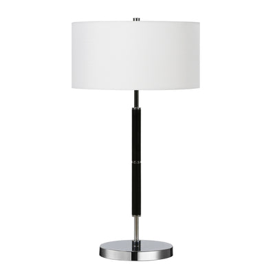25" Black and Silver Metal Two Light Table Lamp With White Drum Shade 