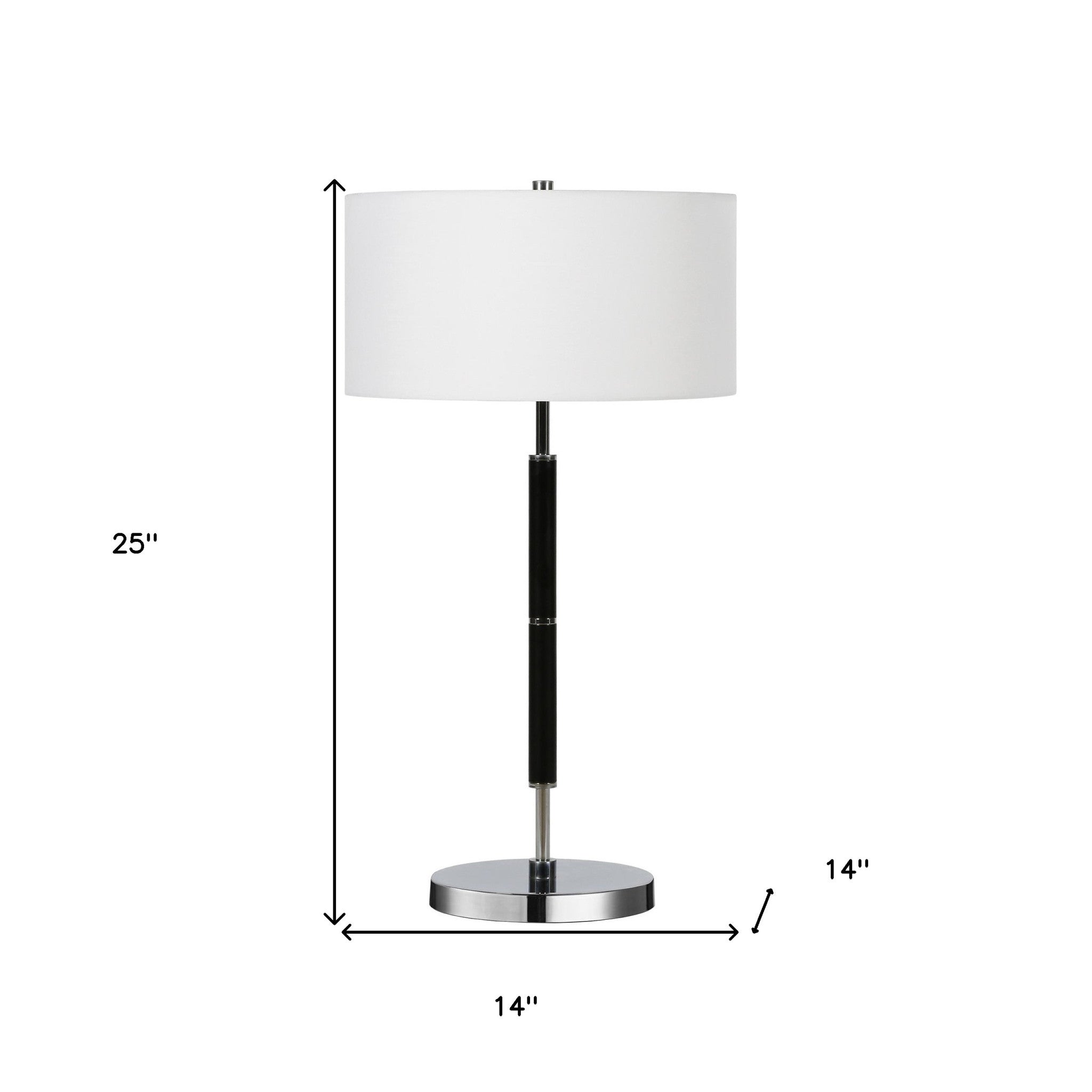 25" Black and Silver Metal Two Light Table Lamp With White Drum Shade 