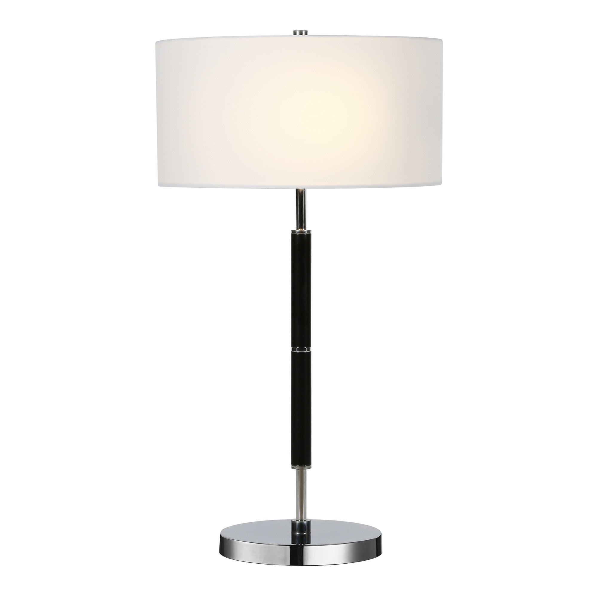 25" Black and Silver Metal Two Light Table Lamp With White Drum Shade 