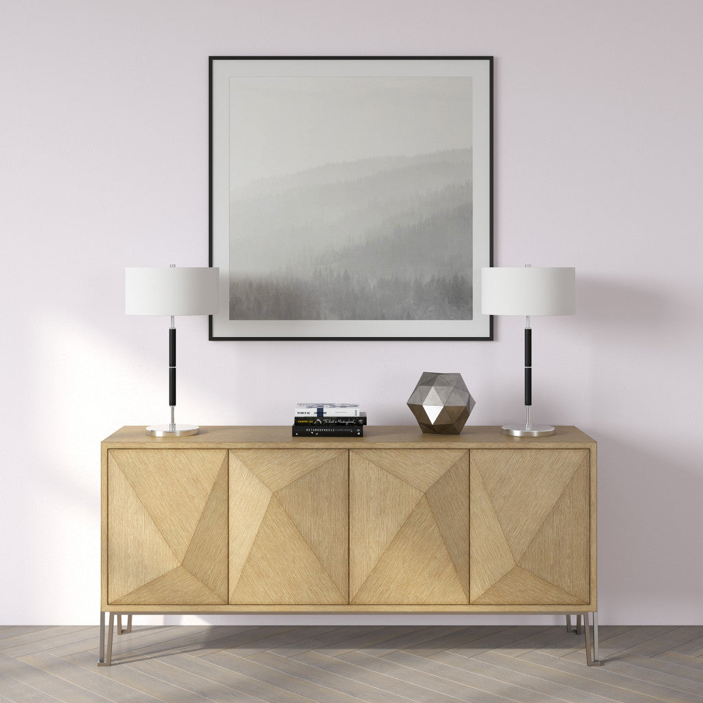 25" Black and Silver Metal Two Light Table Lamp With White Drum Shade 