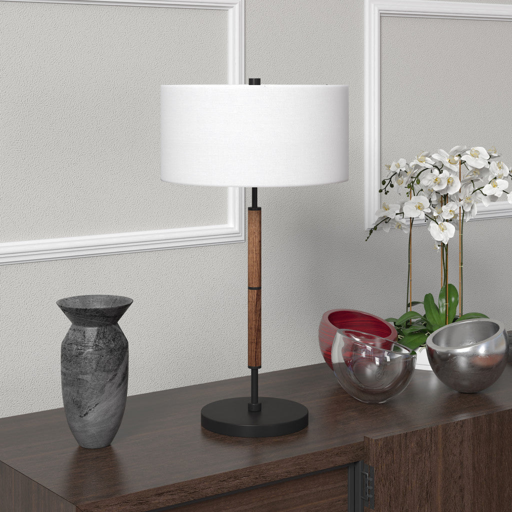 25" Brown and Black Metal Two Light Table Lamp With White Drum Shade 