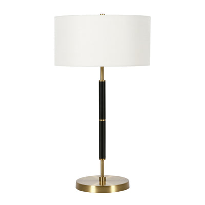 25" Black and Gold Metal Two Light Table Lamp With White Drum Shade 