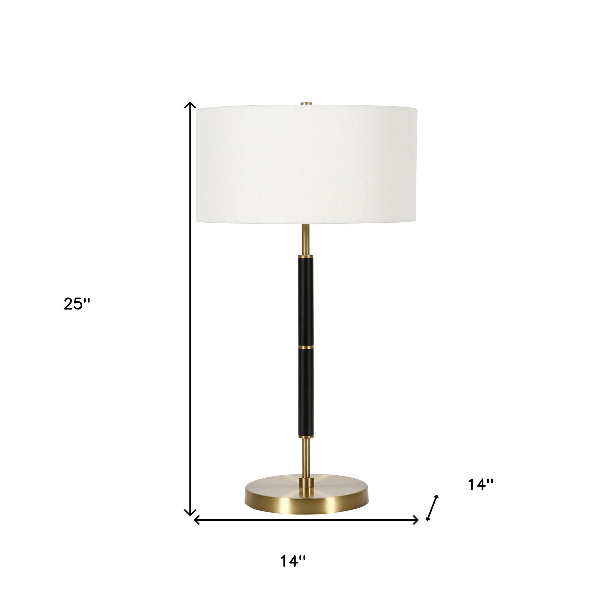 25" Black and Gold Metal Two Light Table Lamp With White Drum Shade 