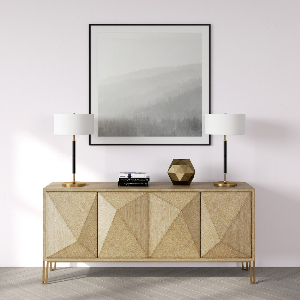 25" Black and Gold Metal Two Light Table Lamp With White Drum Shade 