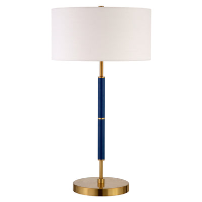 25" Blue and Gold Metal Two Light Table Lamp With White Drum Shade 