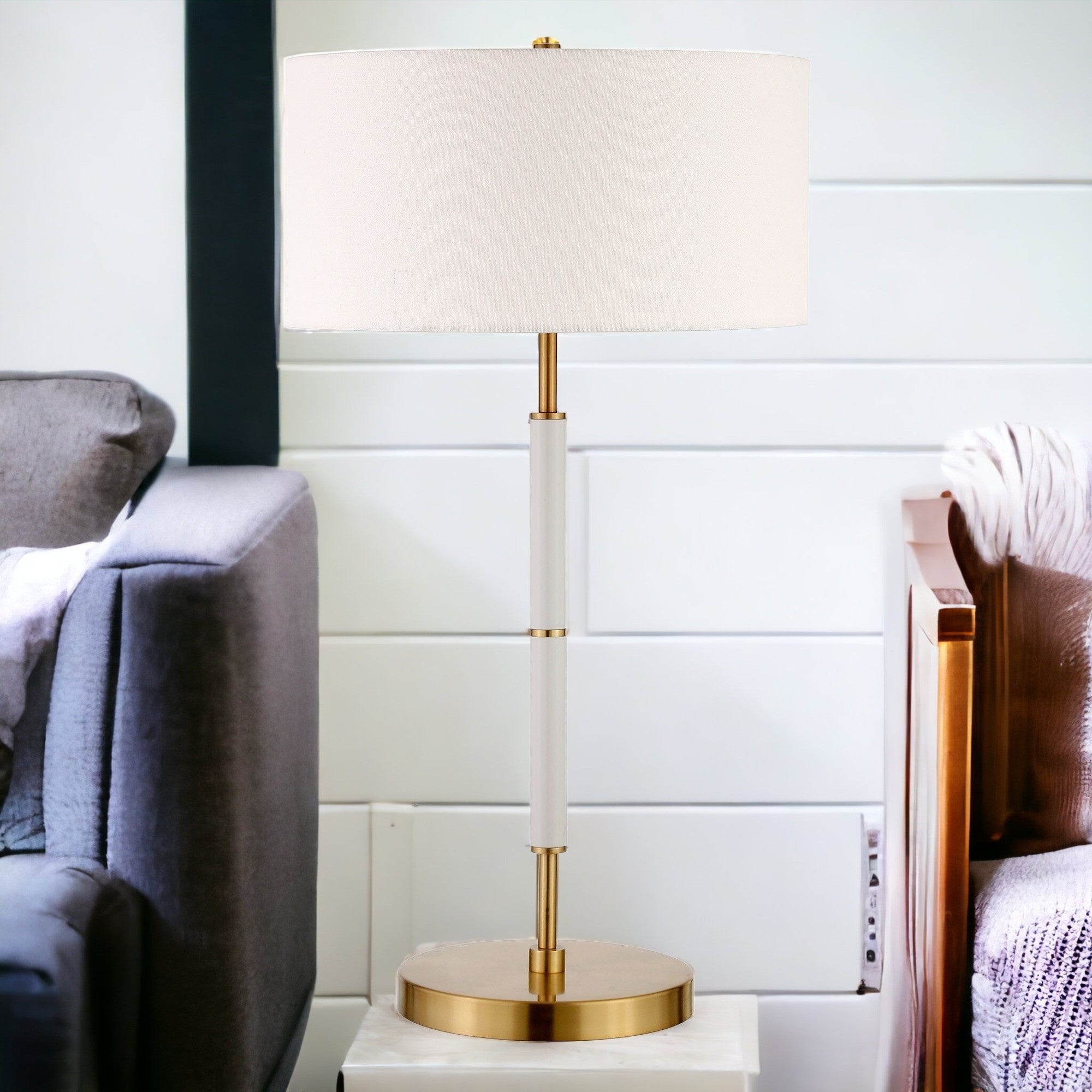 25" Gold and White Metal Two Light Table Lamp With White Drum Shade 