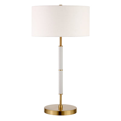 25" Gold and White Metal Two Light Table Lamp With White Drum Shade 