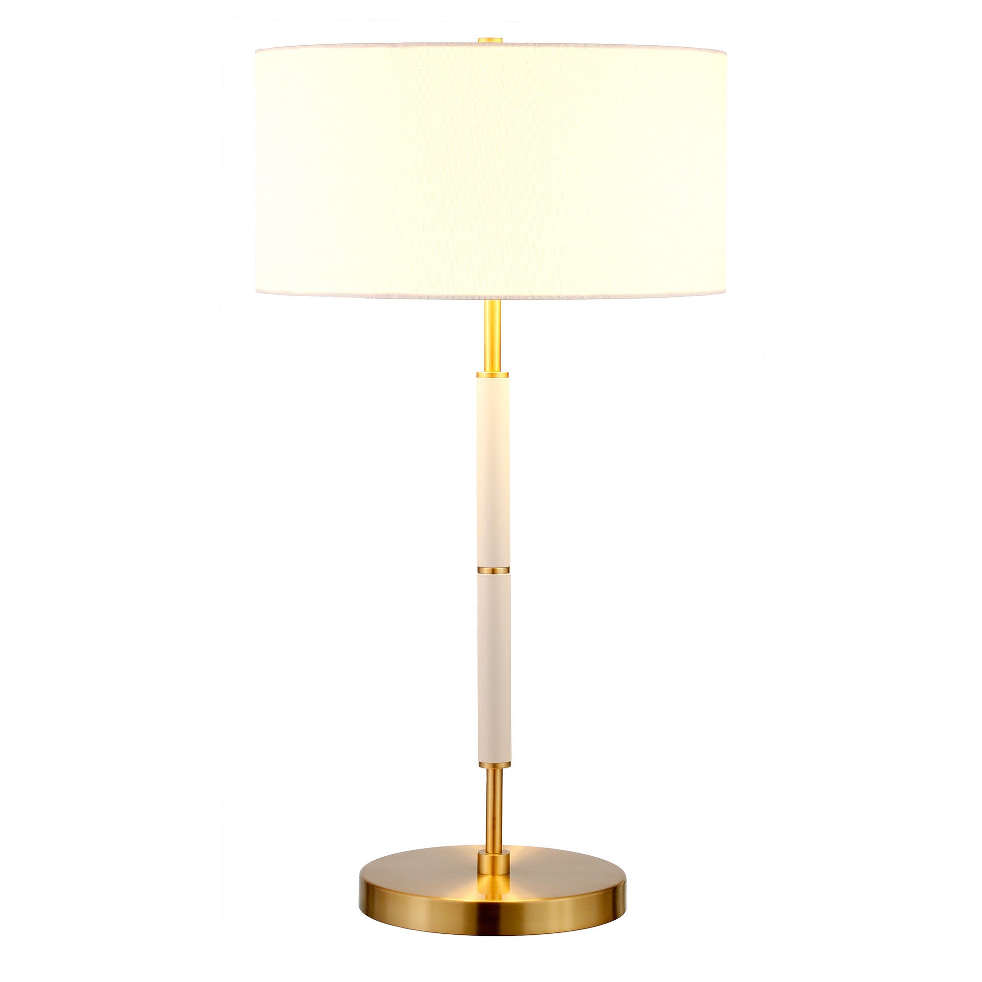 25" Gold and White Metal Two Light Table Lamp With White Drum Shade 