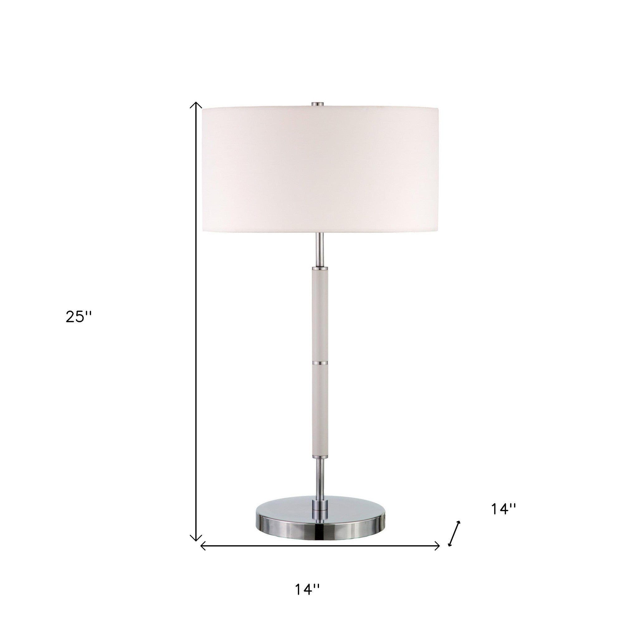 25" White and Silver Metal Two Light Table Lamp With White Drum Shade 