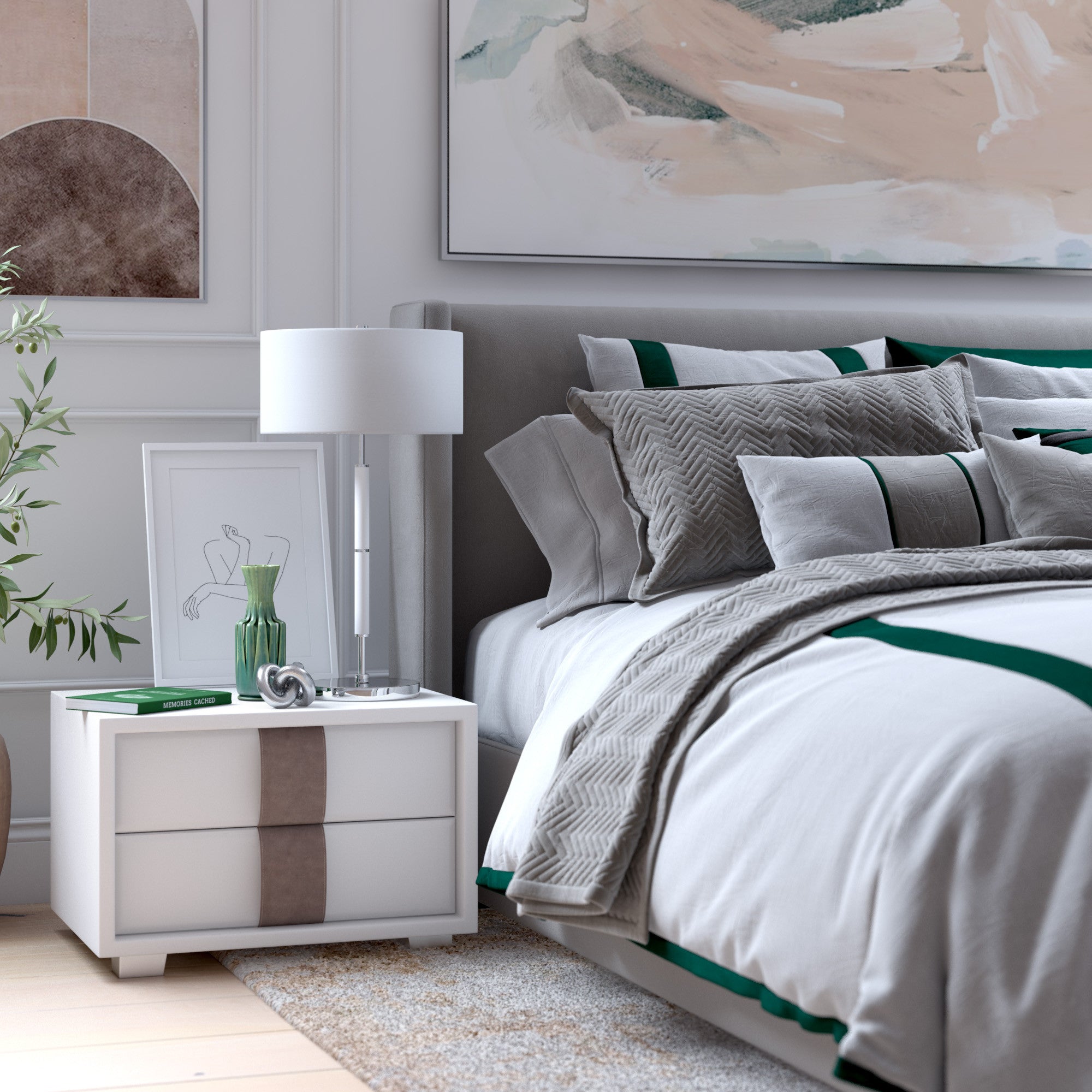 25" White and Silver Metal Two Light Table Lamp With White Drum Shade 