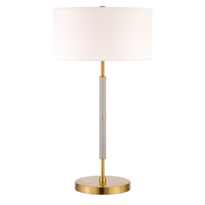 25" Gray and Gold Metal Two Light Table Lamp With White Drum Shade 