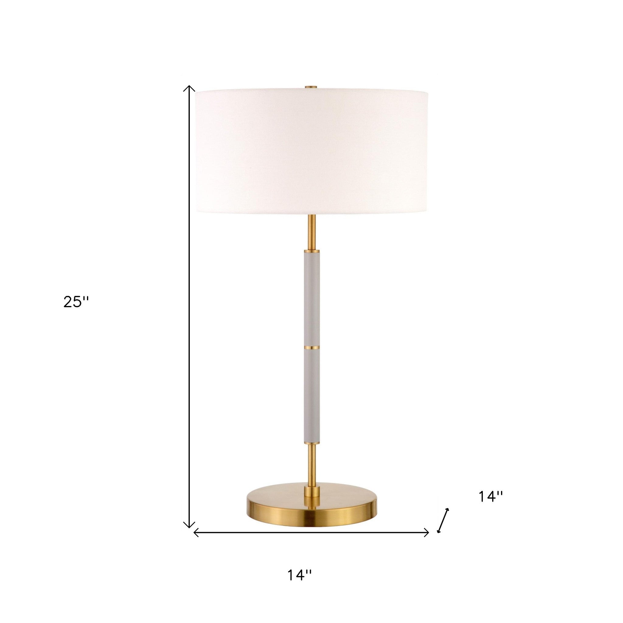 25" Gray and Gold Metal Two Light Table Lamp With White Drum Shade