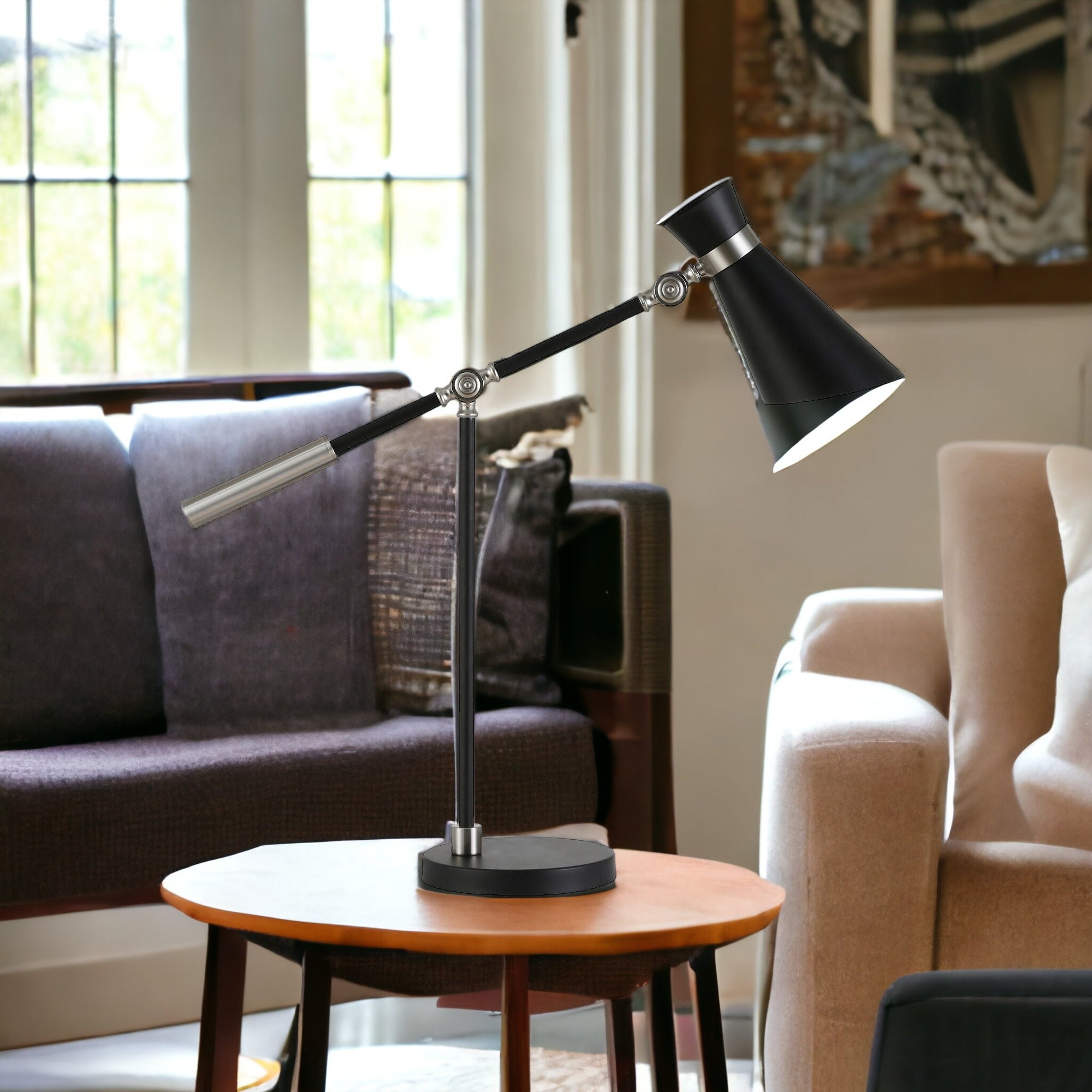 30" Black and Silver Metal Desk Table Lamp With Black Cone Shade