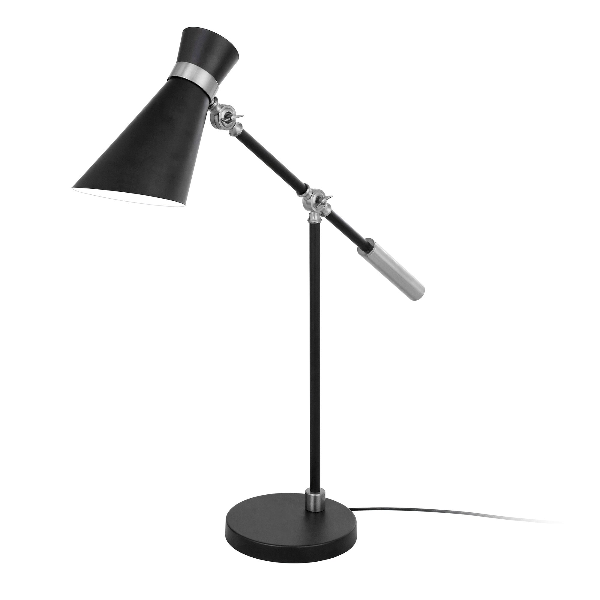 30" Black and Silver Metal Desk Table Lamp With Black Cone Shade