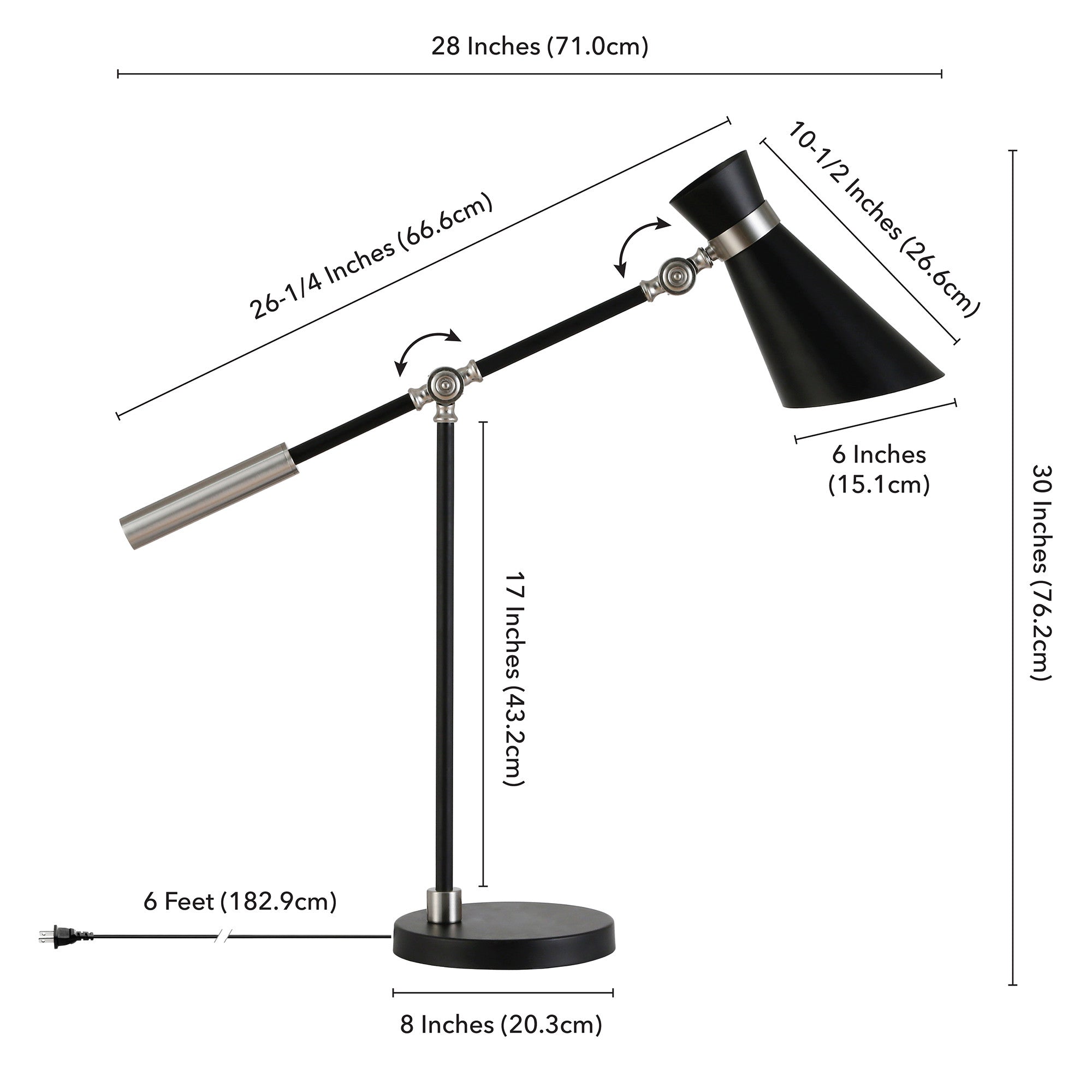 30" Black and Silver Metal Desk Table Lamp With Black Cone Shade