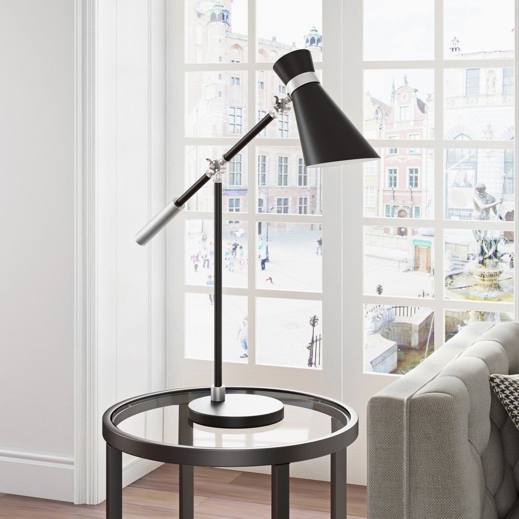 30" Black and Silver Metal Desk Table Lamp With Black Cone Shade