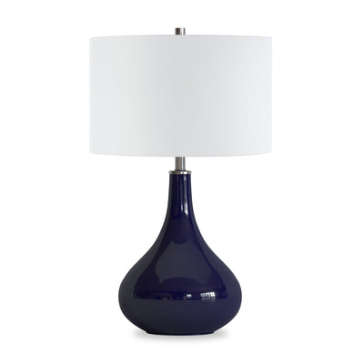 25" Navy Blue Glass Table Lamp With White Drum Shade 