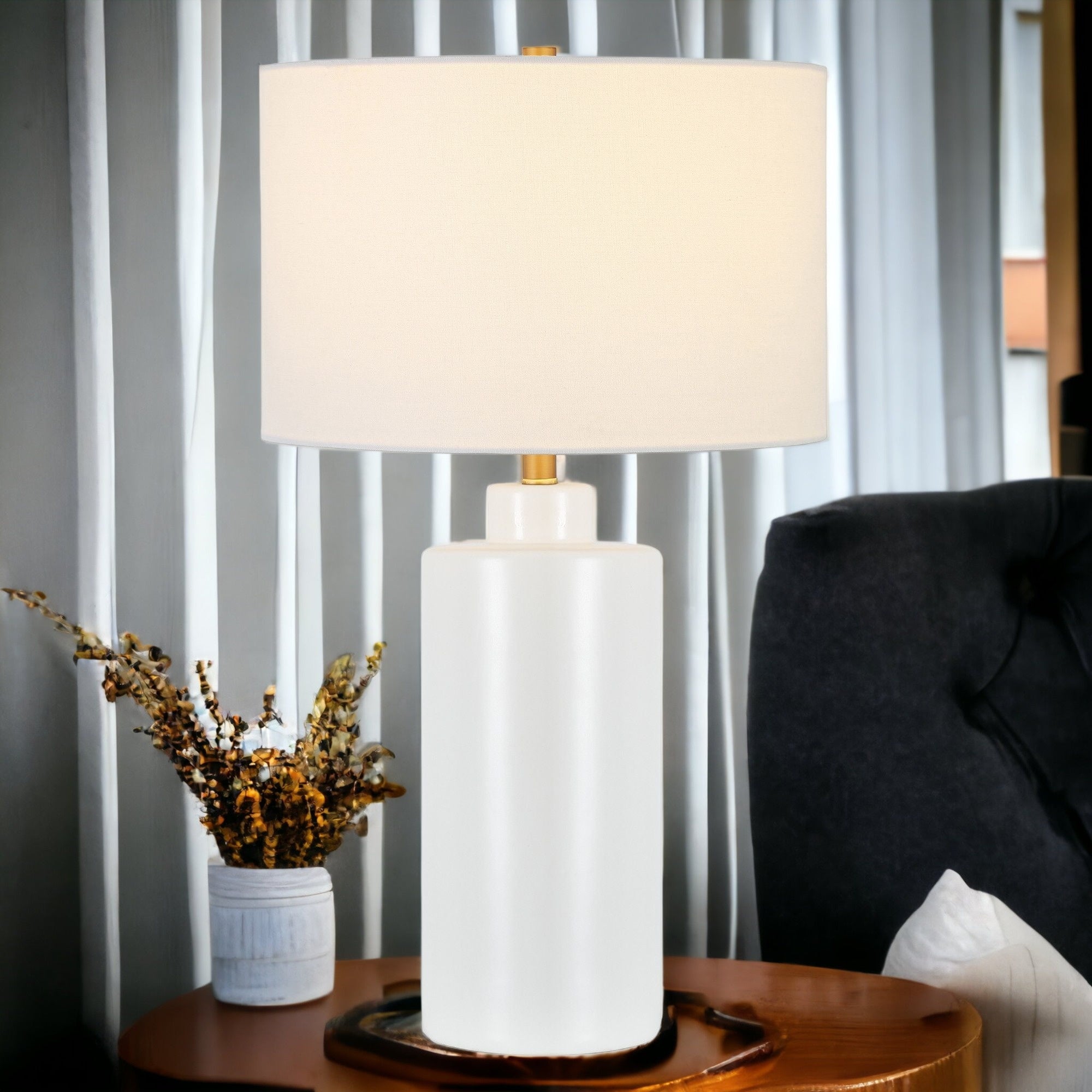 25" White Ceramic Table Lamp With White Drum Shade