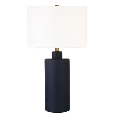 25" Navy Blue Ceramic Cylinder Table Lamp With White Drum Shade 