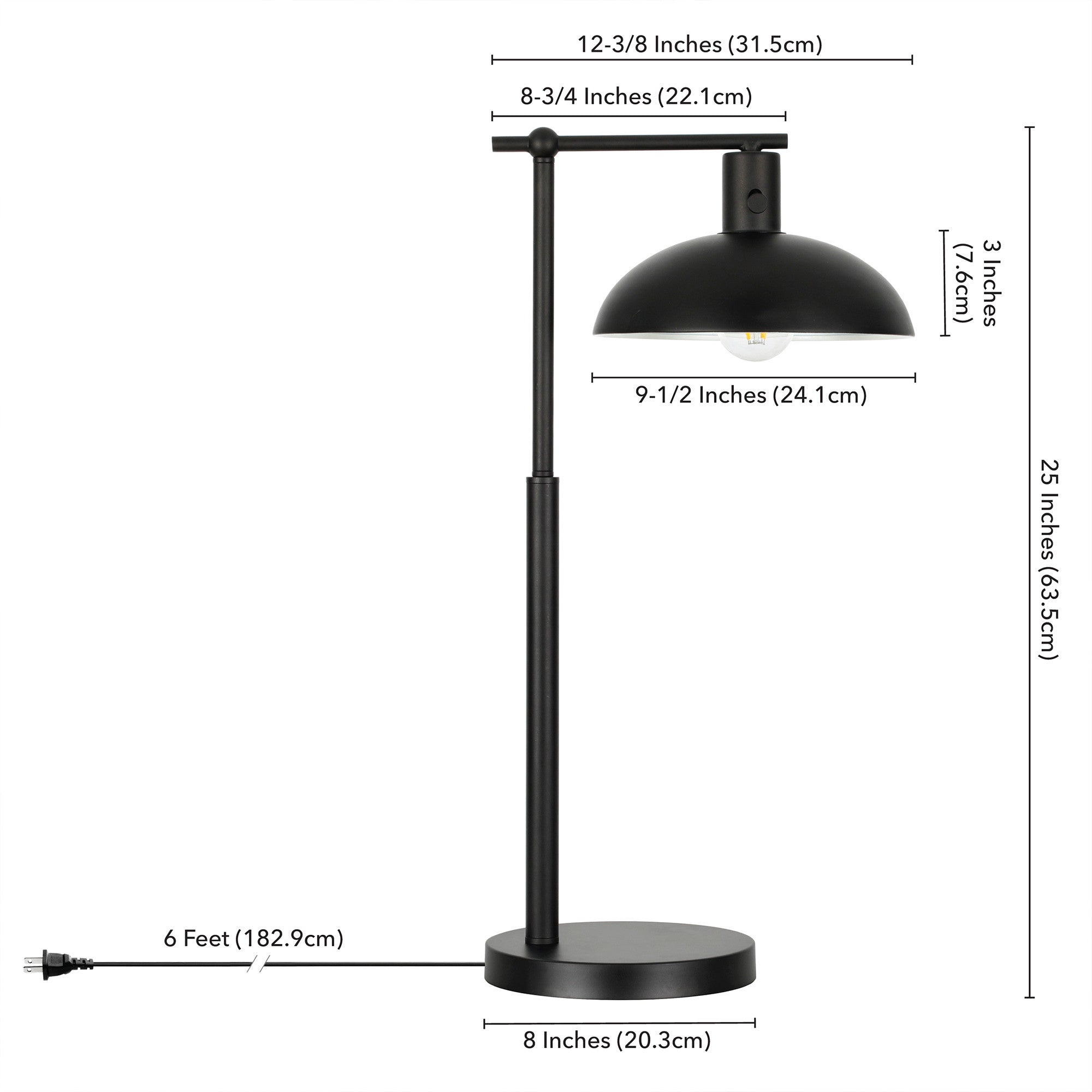 25" Black Metal Desk Table Lamp With Black Bowl Shade