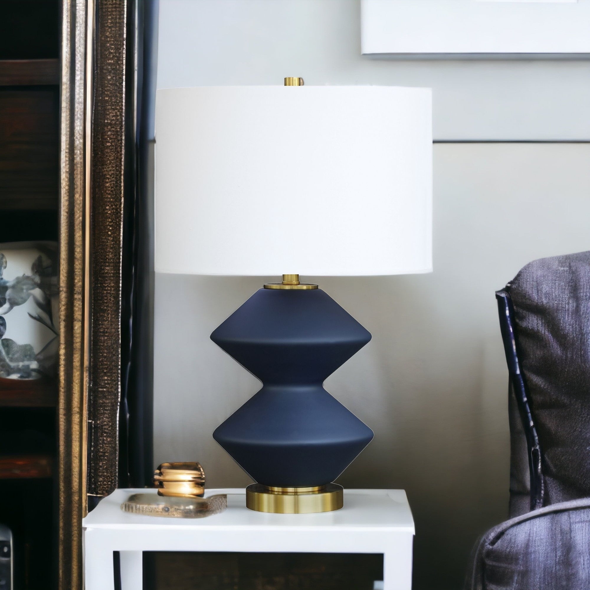 23" Blue and Gold Glass Table Lamp With White Drum Shade