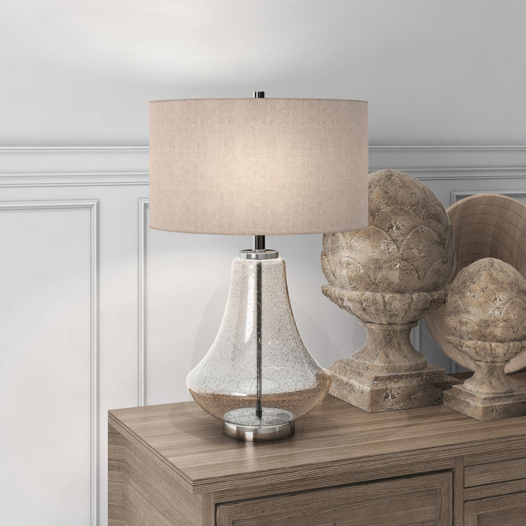 23" Nickel Glass Table Lamp With Flax Drum Shade