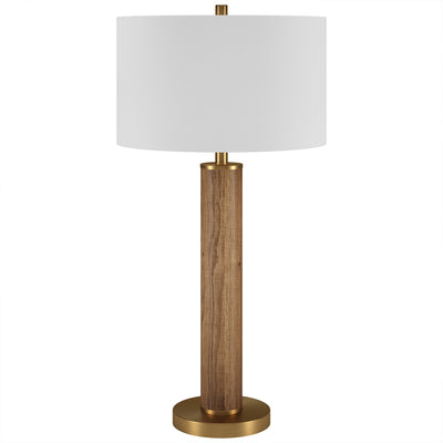 29" Gold and Brown Metal Table Lamp With White Drum Shade 