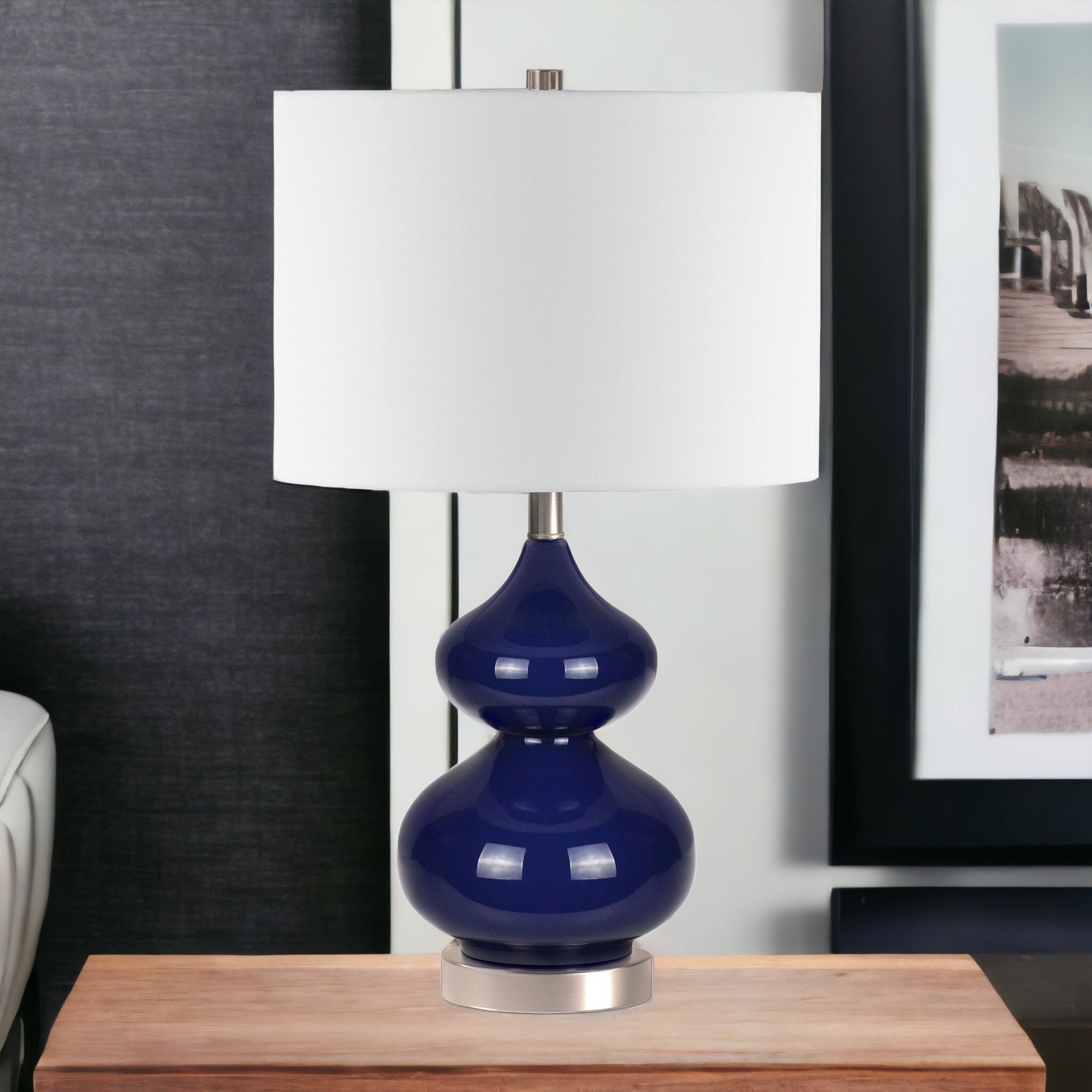 23" Blue and Silver Glass Table Lamp With White Drum Shade