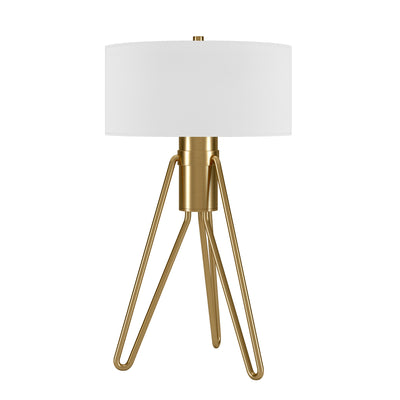 25" Brass Metal Two Light Tripod Table Lamp With White Drum Shade 