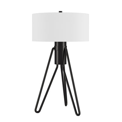 25" Black Metal Two Light Tripod Table Lamp With White Drum Shade 