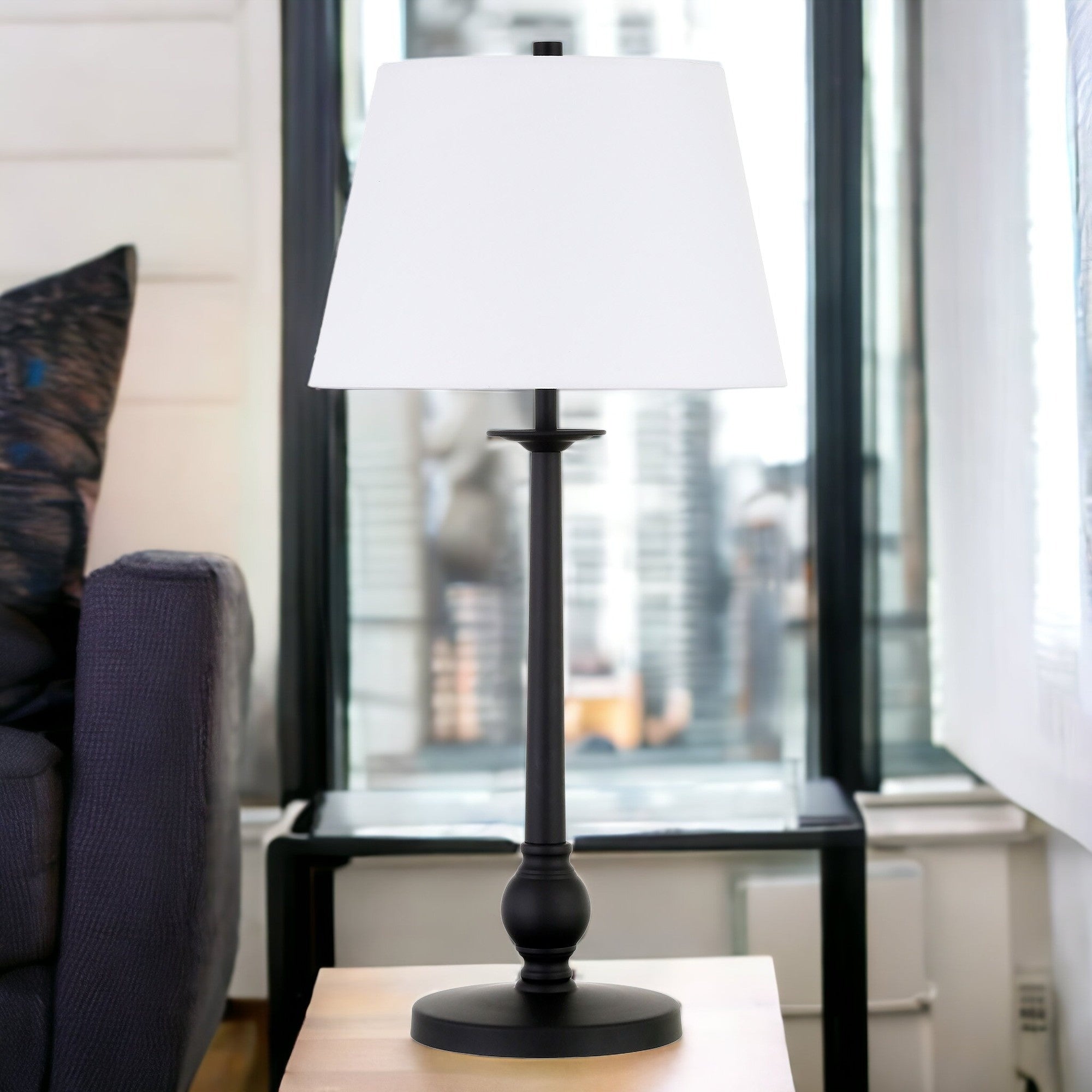 28" Black Metal Table Lamp With White Empire Shade