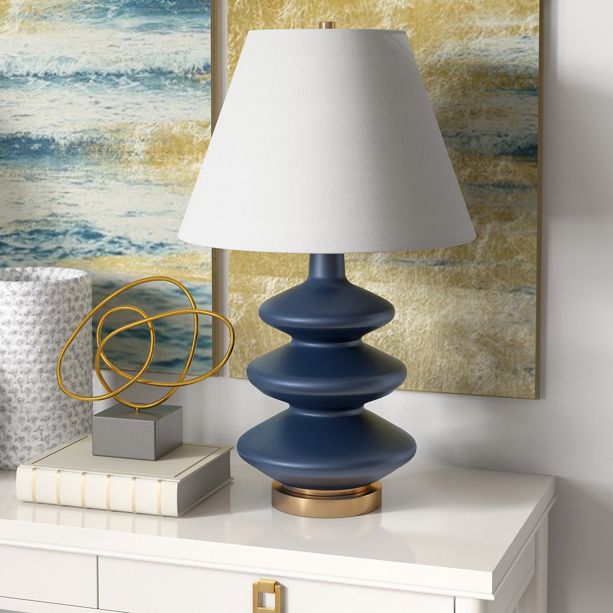 26" Blue and Gold Glass Table Lamp With White Empire Shade