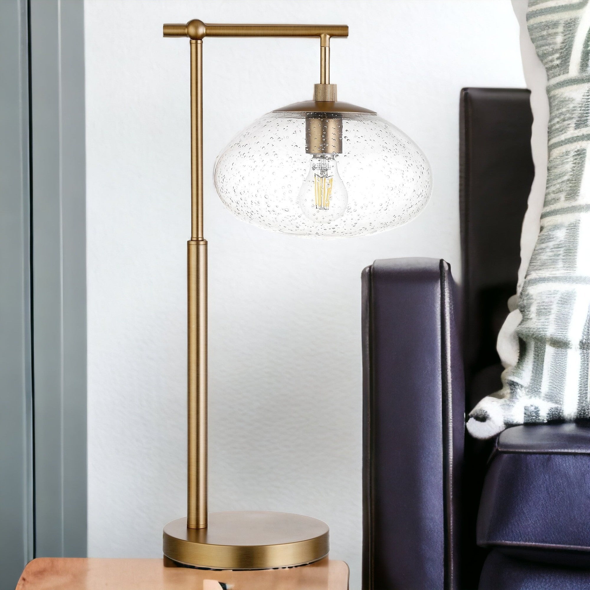 25" Brass Metal Arched Table Lamp With Clear Seeded Globe Shade 