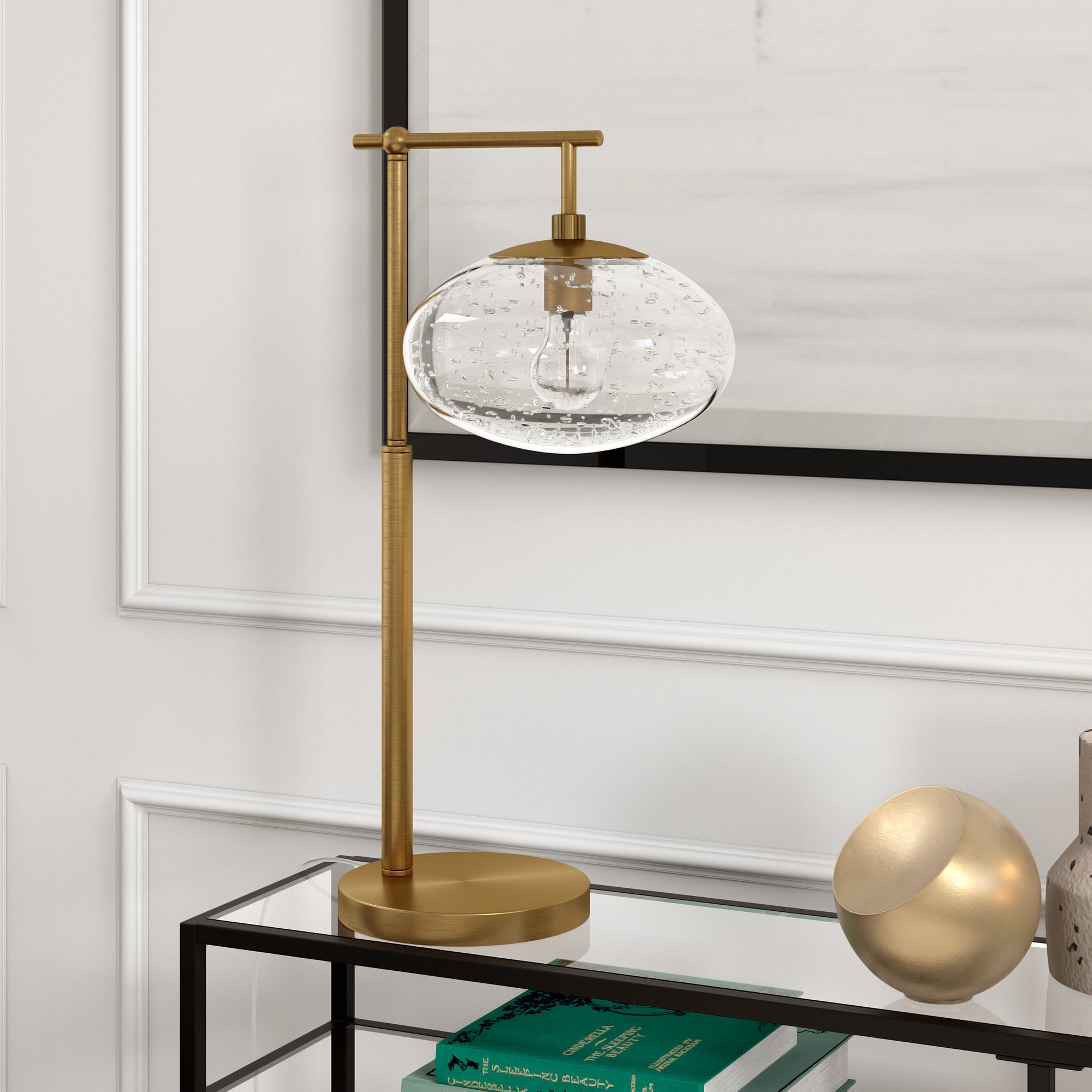 25" Brass Metal Arched Table Lamp With Clear Seeded Globe Shade 