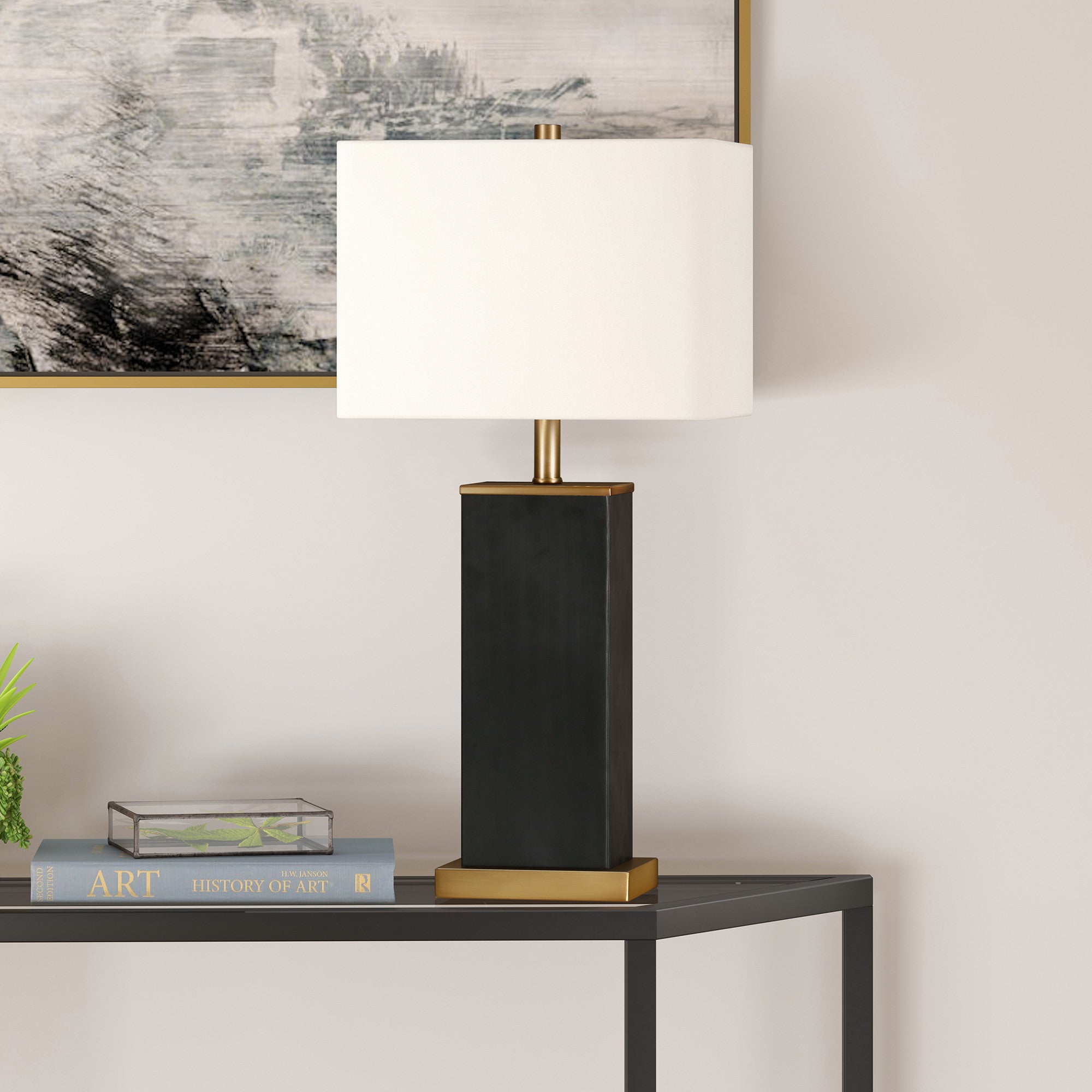 25" Black and Gold Metal Table Lamp With White Square Shade