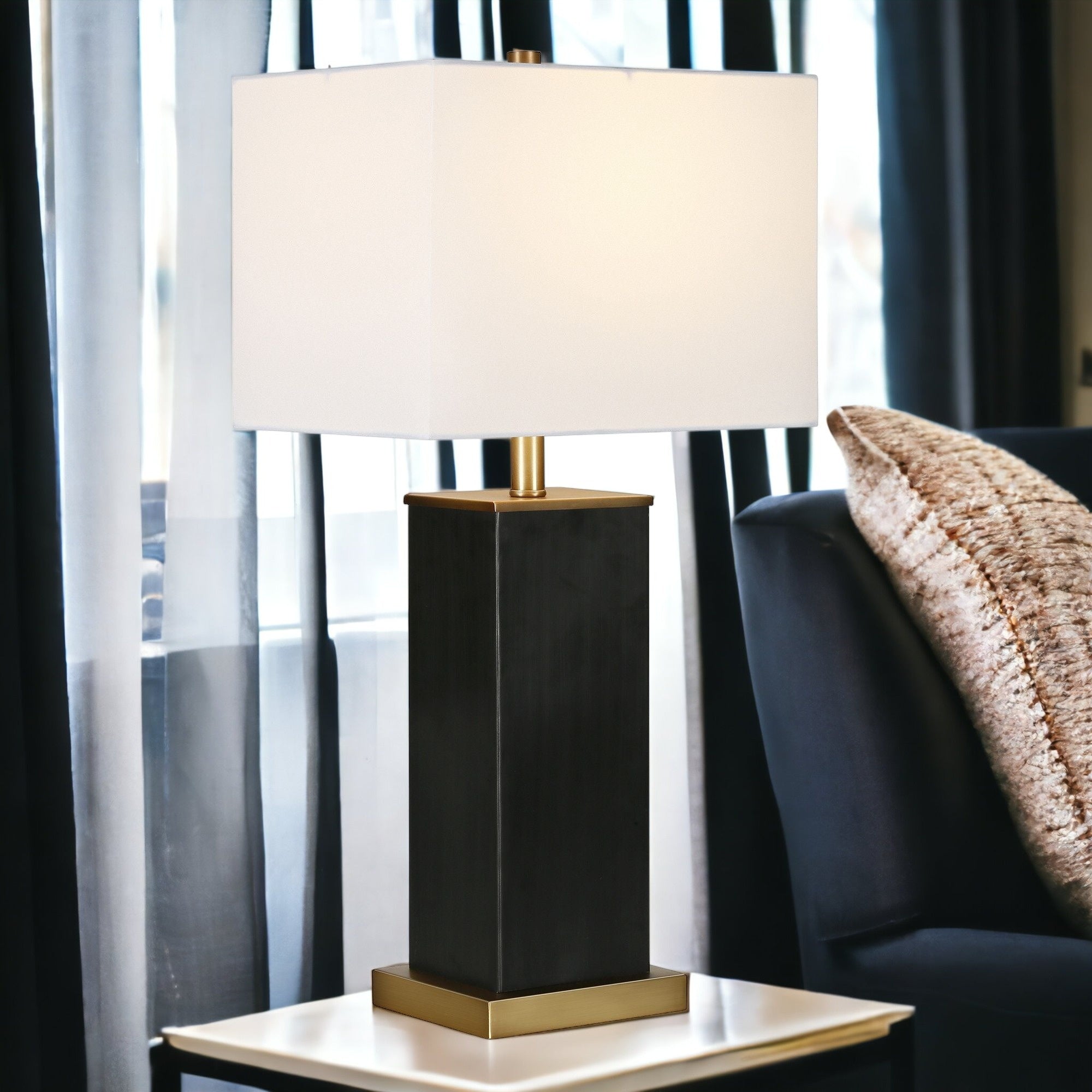 25" Black and Gold Metal Table Lamp With White Square Shade